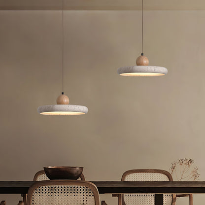 Travertine and Wood Pendant Light with Natural Stone and Warm LED Light