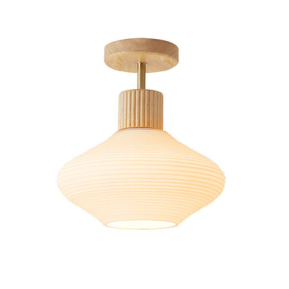 Modern Japandi Ceiling Lamp - Walnut and Wood in a Glass Shade