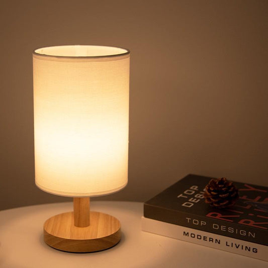 Stylish lamp made of natural wood and linen with remote control