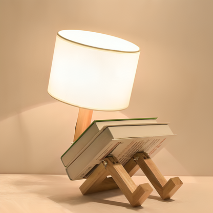 Elegancka skandynawska lampa stołowa z półką na książki