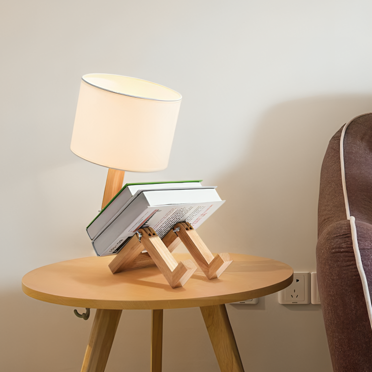 Elegancka skandynawska lampa stołowa z półką na książki