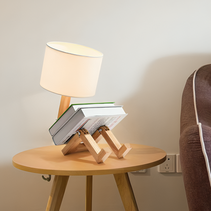 Elegancka skandynawska lampa stołowa z półką na książki