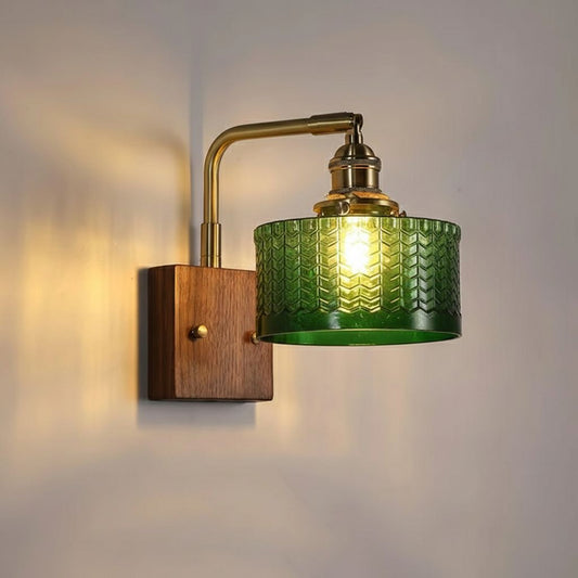 Stylowa Zielona Lampa Ścienna z Drewnianą Podstawą i Szklanym Abażurem