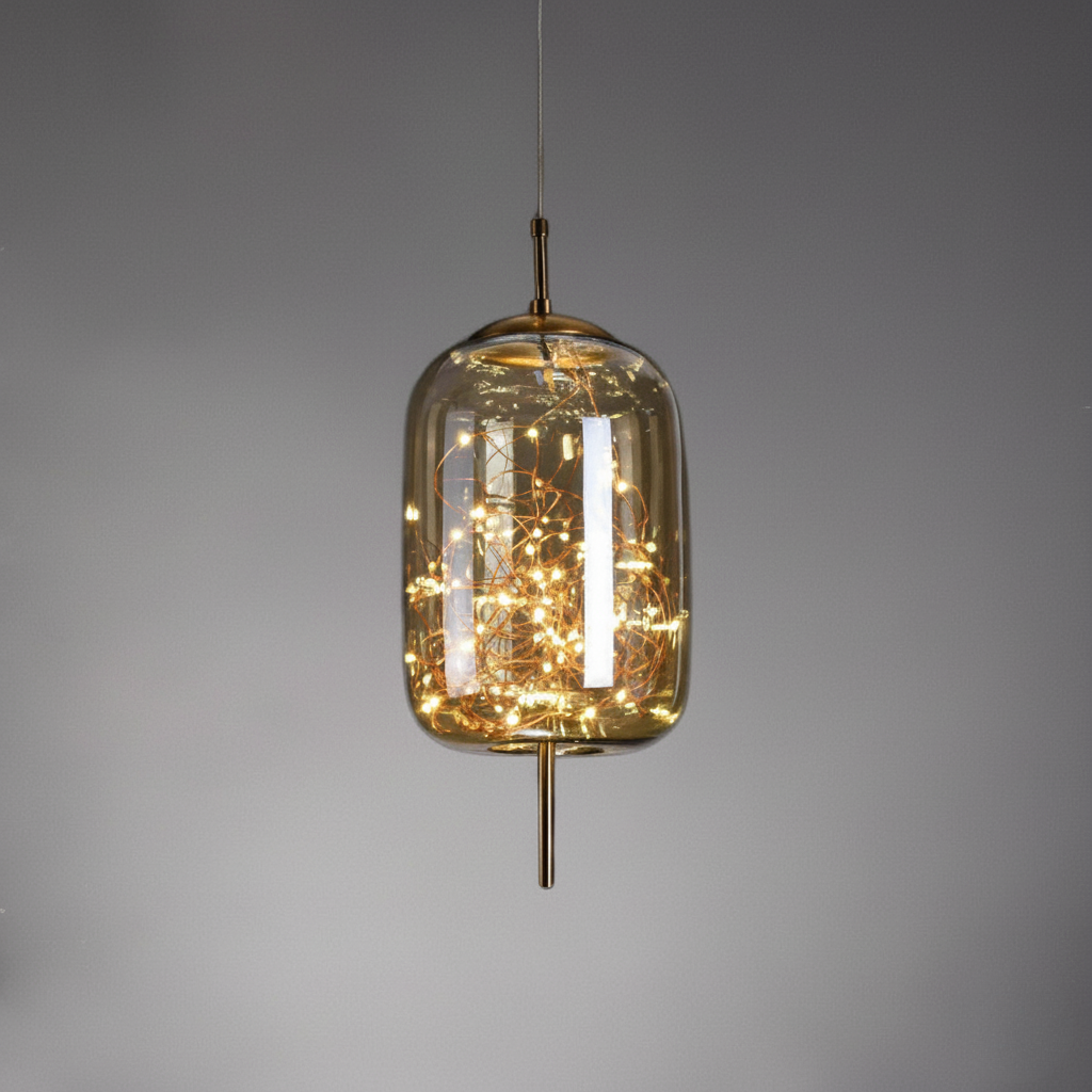 Urokliwa skandynawska szklana lampa wisząca LED o ciepłym designie – dostępna w bursztynowym lub antracytowym wykończeniu